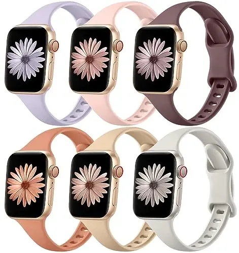 Lerobo 6 pack Slim Silicone Bands Apple Watch Band 44mm 45mm 42mm 38mm 40mm 41mm uchun mos, Slim Thin Narrow Replacement Sport Strap iWatch Series 8/7/6/5/4/3/2/1 SE Ultra Women Men uchun bilaguzuk - 1