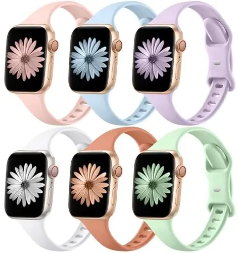 Lerobo 6 pack Thin Bands Silicone Compatible for Apple Watch Band 42mm 44mm 45mm 38mm 40mm 41mm 46mm 49mm, Slim Narrow Sport Strap Replacement for iWatch Series 10/9/8/7/6/5/4/3/2/1 SE Ultra Women Men - 6