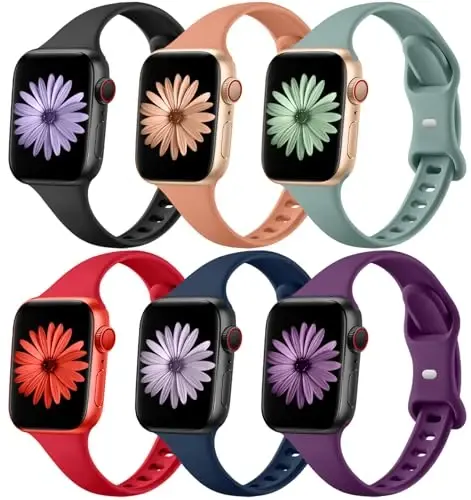 Lerobo 6 pack Silicone Slim bands Compatible for Apple Watch 8Band 44mm 45mm 42mm 38mm 40mm 41mm, Slim Thin Narrow Replacement Sport Strap Wristband for iWatch Ultra Series 7/6/5/4/3/2/1 SE Women Men - 6