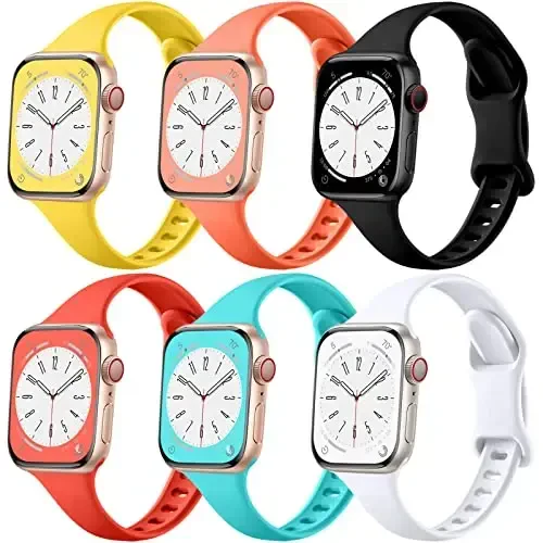 Lerobo 6 pack Silicone Slim bands Compatible for Apple Watch Band 44mm 45mm 42mm 38mm 40mm 41mm, Slim Thin Narrow Replacement Sport Strap Wristband for iWatch Series 8/7/6/5/4/3/2/1 SE Ultra Women Men - Lerobo