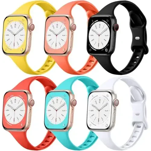 Lerobo 6 pack Silicone Slim bands Compatible for Apple Watch Band 38mm 42mm 40mm 44mm 41mm 45mm, Slim Thin Narrow Replacement Sport Strap Wristband for iWatch Series 8 7/SE/6/5/4/3/2/1 Ultra Women Men - 6
