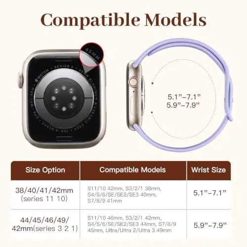 Lerobo Slim Band Apple Watch Series 9, 8, 7, 6, 5, 4, 3, 2, 1 bilan mos keladi - iWatch bantlari uchun suv o'tkazmaydigan silikon o'rnini bosuvchi - 4