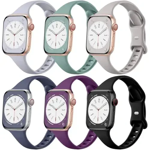 Lerobo Совместим с Apple Watch Band 44mm 42mm/Apple Series 7 Band 45mm, 6 Pack Slim Thin Narrow Waterproof Silicone Strap Replacement Sport Band for iWatch Bands 8 7 6 5 4 3 2 1 Ultra Women Men - 6