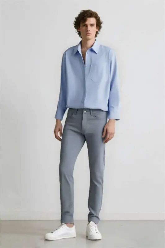 Летние брюки чинос из канваса Slim Fit узкого кроя с карманами, зауженные к низу - Светлый индиго - 2