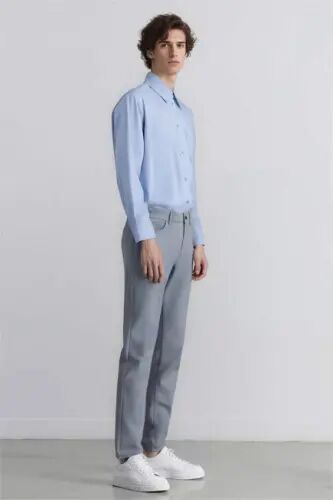 Летние брюки чинос из канваса Slim Fit узкого кроя с карманами, зауженные к низу - Светлый индиго - 4