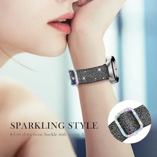 LETOD Samsung Galaxy Watch ayollar uchun bilaguzuklar, Samsung Galaxy Watch 8/7/6/5/4/FE, Active 2 uchun mo'ljallangan Bling cho'ziluvchan neylon tasma – Yumshoq, nafas oladigan, sozlanishi, yaltiroq elastik bilakuzuk - 4