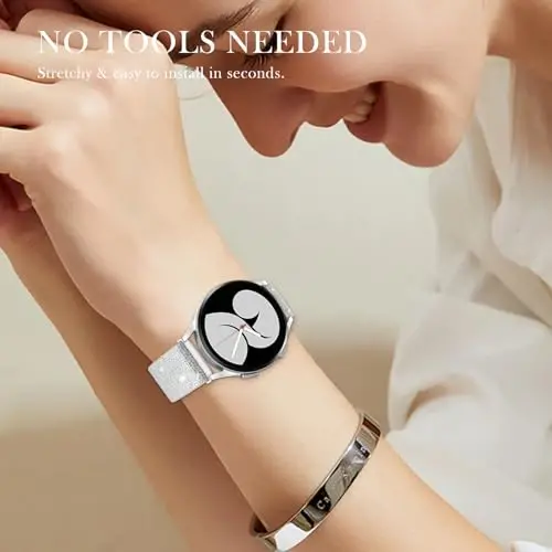 LETOD Samsung Galaxy Watch ayollar uchun bilaguzuklar, Samsung Galaxy Watch 8/7/6/5/4/FE, Active 2 uchun mo'ljallangan Bling cho'ziluvchan neylon tasma – Yumshoq, nafas oladigan, sozlanishi, yaltiroq elastik bilakuzuk - 6