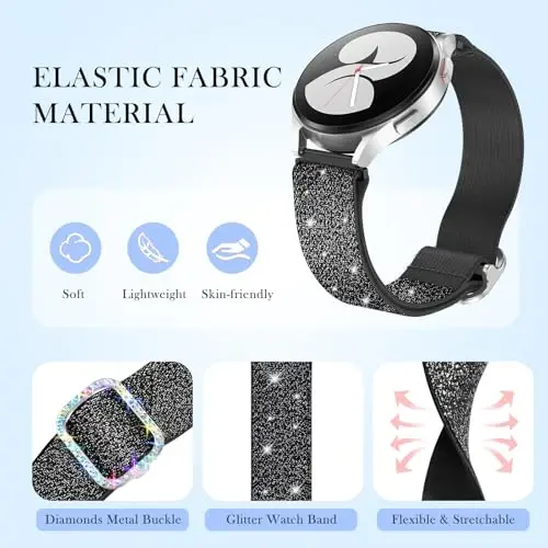 LETOD Samsung Galaxy Watch ayollar uchun bilaguzuklar, Samsung Galaxy Watch 8/7/6/5/4/FE, Active 2 uchun mo'ljallangan Bling cho'ziluvchan neylon tasma – Yumshoq, nafas oladigan, sozlanishi, yaltiroq elastik bilakuzuk - 9