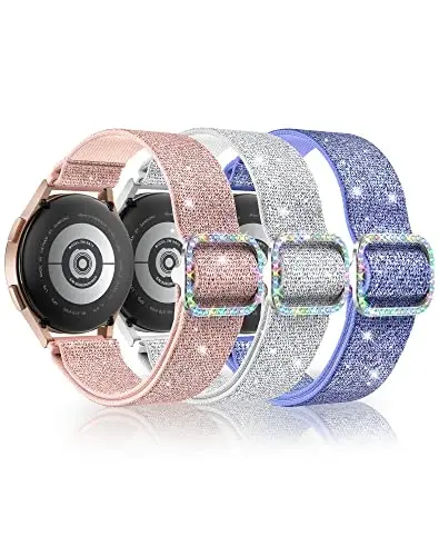 LEToid ayollar uchun Samsung Galaxy Watch tasmalar, Samsung Galaxy Watch 8/7/6/5/4/FE, Active 2 uchun mo'ljallangan Bling cho'ziluvchan neylon tasma – Yumshoq, nafas oladigan, sozlanishi, yaltiroq elastik bilaguzuk - 1