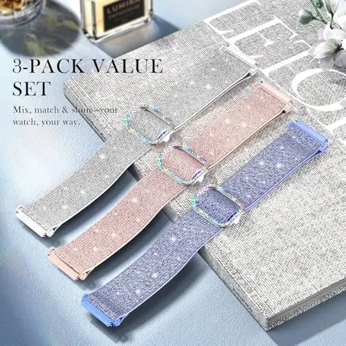 LEToid ayollar uchun Samsung Galaxy Watch tasmalar, Samsung Galaxy Watch 8/7/6/5/4/FE, Active 2 uchun mo'ljallangan Bling cho'ziluvchan neylon tasma – Yumshoq, nafas oladigan, sozlanishi, yaltiroq elastik bilaguzuk - 2