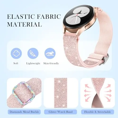 LEToid ayollar uchun Samsung Galaxy Watch tasmalar, Samsung Galaxy Watch 8/7/6/5/4/FE, Active 2 uchun mo'ljallangan Bling cho'ziluvchan neylon tasma – Yumshoq, nafas oladigan, sozlanishi, yaltiroq elastik bilaguzuk - 3