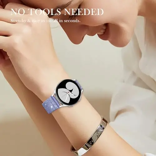 LEToid ayollar uchun Samsung Galaxy Watch tasmalar, Samsung Galaxy Watch 8/7/6/5/4/FE, Active 2 uchun mo'ljallangan Bling cho'ziluvchan neylon tasma – Yumshoq, nafas oladigan, sozlanishi, yaltiroq elastik bilaguzuk 