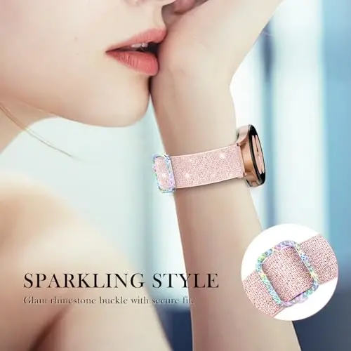 LEToid ayollar uchun Samsung Galaxy Watch tasmalar, Samsung Galaxy Watch 8/7/6/5/4/FE, Active 2 uchun mo'ljallangan Bling cho'ziluvchan neylon tasma – Yumshoq, nafas oladigan, sozlanishi, yaltiroq elastik bilaguzuk - 4