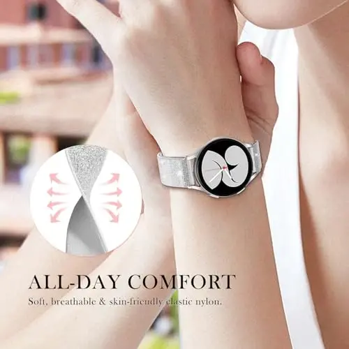 LEToid ayollar uchun Samsung Galaxy Watch tasmalar, Samsung Galaxy Watch 8/7/6/5/4/FE, Active 2 uchun mo'ljallangan Bling cho'ziluvchan neylon tasma – Yumshoq, nafas oladigan, sozlanishi, yaltiroq elastik bilaguzuk - 5