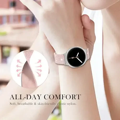 LEToid ayollar uchun Samsung Galaxy Watch tasmalar, Samsung Galaxy Watch 8/7/6/5/4/FE, Active 2 uchun mo'ljallangan Bling Strechli neylon tasmasi - Yumshoq, nafas oladigan, sozlanishi, yaltiroq elastik bilaguzuk - 5