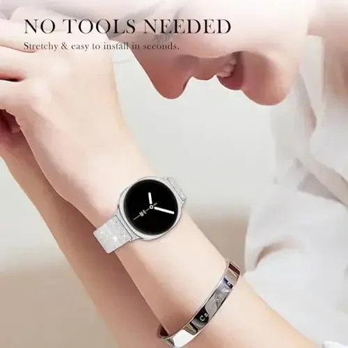 LEToid ayollar uchun Samsung Galaxy Watch tasmalar, Samsung Galaxy Watch 8/7/6/5/4/FE, Active 2 uchun mo'ljallangan Bling Strechli neylon tasmasi - Yumshoq, nafas oladigan, sozlanishi, yaltiroq elastik bilaguzuk - 6