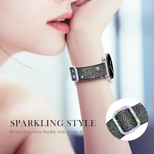 LEToid ayollar uchun Samsung Galaxy Watch tasmalar, Samsung Galaxy Watch 8/7/6/5/4/FE, Active 2 uchun mo'ljallangan Bling Strechli neylon tasmasi - Yumshoq, nafas oladigan, sozlanishi, yaltiroq elastik bilaguzuk - 4