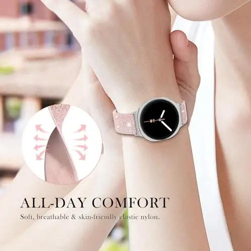 LEToid ayollar uchun Samsung Galaxy Watch tasmalar, Samsung Galaxy Watch 8/7/6/5/4/FE, Active 2 uchun mo'ljallangan Bling Strechli neylon tasmasi - Yumshoq, nafas oladigan, sozlanishi, yaltiroq elastik bilaguzuk - 5