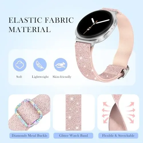 LETOID for Samsung Galaxy Watch Bands for Women, Bling Stretchy Nylon Strap Designed for Samsung Galaxy Watch 8/7/6/5/4/FE, Active 2 – Soft, Breathable, Adjustable, Glitter Elastic Wristband - 9