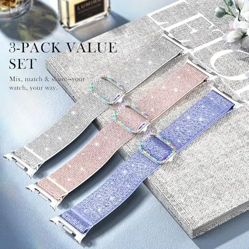 LETOID for Samsung Galaxy Watch Bands for Women, Bling Stretchy Nylon Strap Designed for Samsung Galaxy Watch 8/7/6/5/4/FE, Active 2 – Soft, Breathable, Adjustable, Glitter Elastic Wristband - 3