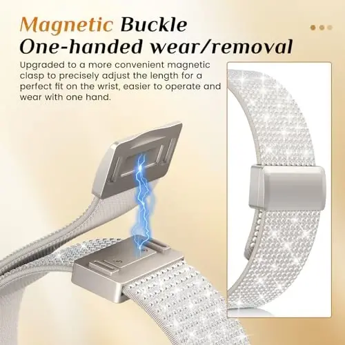 LETOID Samsung Galaxy Watch ayollar uchun bilaguzuklar, Samsung Galaxy Watch 8/7/6/5/4/FE, Active 2 uchun mo'ljallangan yaltiroq cho'ziluvchan neylon tasma – Yumshoq, nafas oladigan, sozlanishi, yaltiroq elastik bilakuzuk - 2