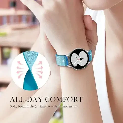 LETOID Samsung Galaxy Watch uchun ayollar bilaguzuklari, Samsung Galaxy Watch 8/7/6/5/4/FE, Active 2 uchun moʻljallangan yaltiroq choʻziluvchan neylon tasma – Yumshoq, nafas oladigan, sozlanishi, yaltiroq elastik bilaguzuk - 5
