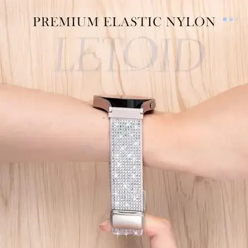 LETOID Samsung Galaxy Watch uchun ayollar uchun bilaguzuklar, Samsung Galaxy Watch 8/7/6/5/4/FE, Active 2 uchun mo'ljallangan yaltiroq cho'ziluvchan neylon tasma - Yumshoq, nafas oladigan, sozlanishi, yaltiroq elastik bilaguzuk - 3