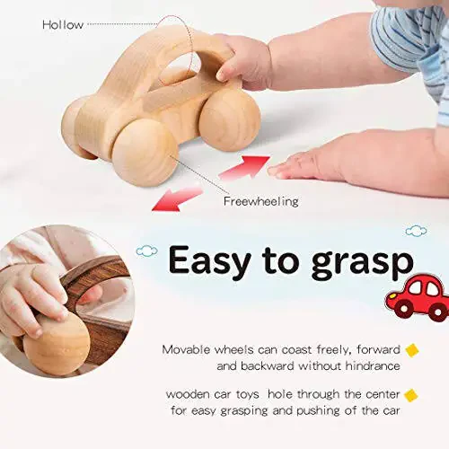 Let's Make Organic Baby Push Car Wooden Toys 2pc Wood Car and Fine Movement Development and Infant Grasping Montessori Toys - 11