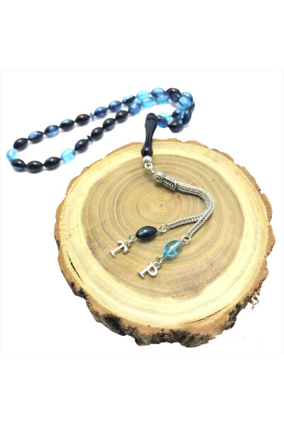 Letter-Carved Barley Cut Petrol Blue Rosary - 3