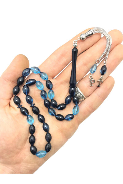 Letter-Carved Barley Cut Petrol Blue Rosary - 4