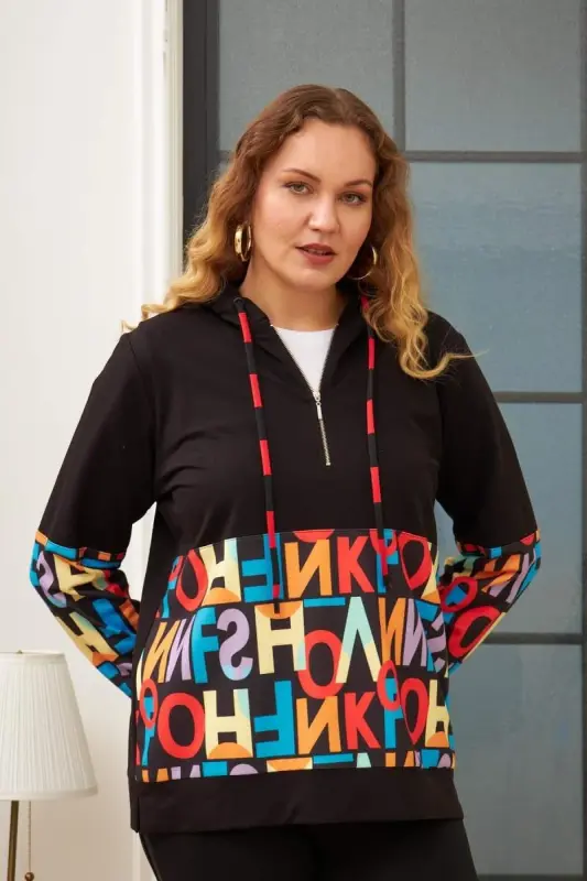 Letter Printed Plus Size Black Sweatshirt - BÜYÜKBEDENIZ