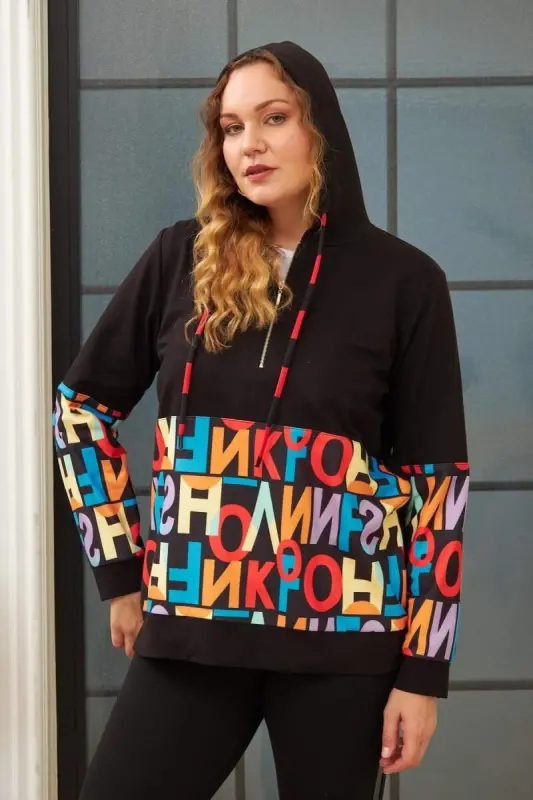 Letter Printed Plus Size Black Sweatshirt - 3