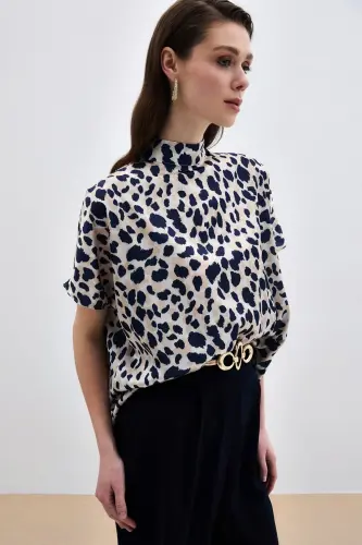 Летучая мышь рукав свободная блузка - Бежевый-Темно-синий-Бежевый - 4