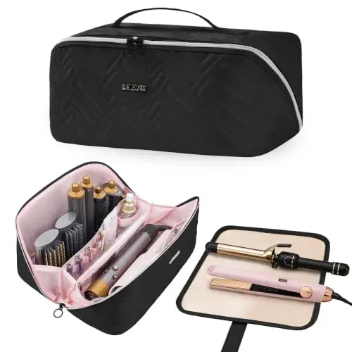 Leudes Hair Tools Travel Bag For Dy son Airwrap Hair Dryer Shark Flex Style Carrying Case Travel Makeup Bag Portable Pouch Flat Packing Organizers with Divider and Handle (Black+Heat Resistant Mat) - LEUDES