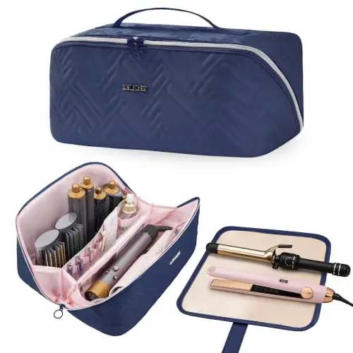 Leudes Hair Tools Travel Bag For Dy son Airwrap Hair Dryer Shark Flex Style Carrying Case Travel Makeup Bag Portable Pouch Flat Packing Organizers with Divider and Handle (Blue+Heat Resistant Mat) - 1