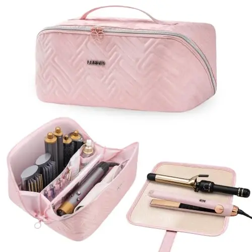 Leudes Hair Tools Travel Bag For Dy son Airwrap Hair Dryer Shark Flex Style Carrying Case Travel Makeup Bag Portable Pouch Flat Packing Organizers with Divider and Handle (Pink+Heat Resistant Mat) - 1