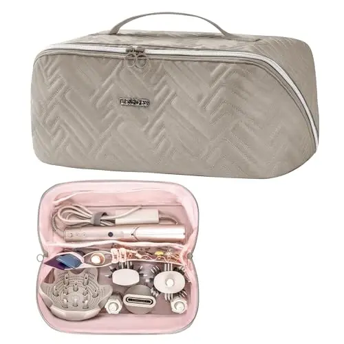 Leudes Hair Tools Travel Bag For Dy son Airwrap Hair Dryer Shark Flex Style Carrying Case Travel Makeup Bag Portable Pouch Open Flat Packing Organizers with Divider and Handle (Camel) 