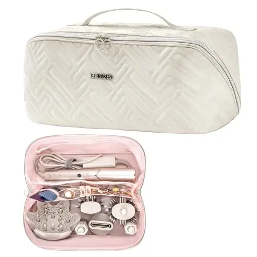 Leudes Hair Tools Travel Bag For Dy son Airwrap Hair Dryer Shark Flex Style Carrying Case Travel Makeup Bag Portable Pouch Open Flat Packing Organizers with Divider and Handle (Beige) - LEUDES