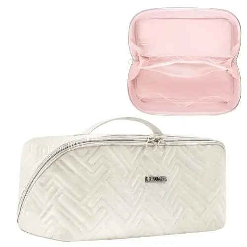Leudes Hair Tools Travel Bag For Dy son Airwrap Hair Dryer Shark Flex Style Carrying Case Travel Makeup Bag Portable Pouch Open Flat Packing Organizers with Divider and Handle (Beige) - 1