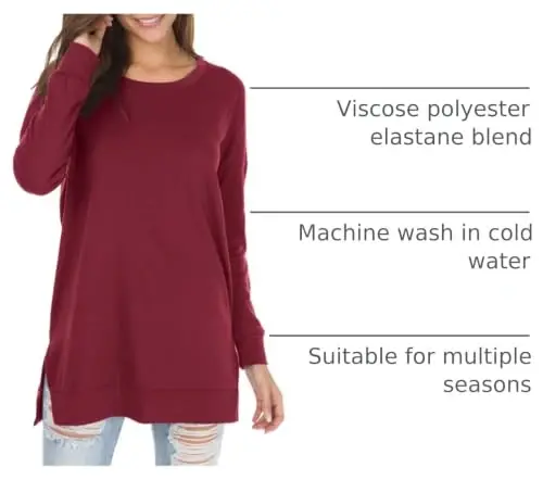 levaca Womens Fall Long Sleeve Pullover Side Oversizes Split Casual Loose Tunic Tops - 2