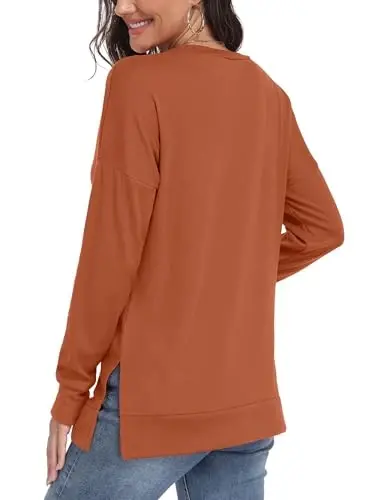 levaca Womens Fall Long Sleeve Pullover Side Oversizes Split Casual Loose Tunic Tops - 2