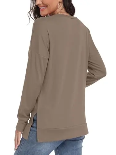 levaca Women's Fall Long Sleeve Side Split Loose Blouses Casual Pullover Tunic Tops - 4