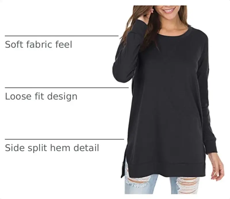 levaca Women's Fall Long Sleeve Side Split Loose Blouses Casual Pullover Tunic Tops - 4