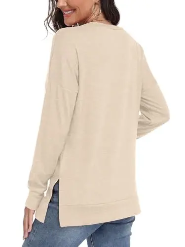 levaca Women's Fall Long Sleeve Side Split Loose Blouses Casual Pullover Tunic Tops - 4