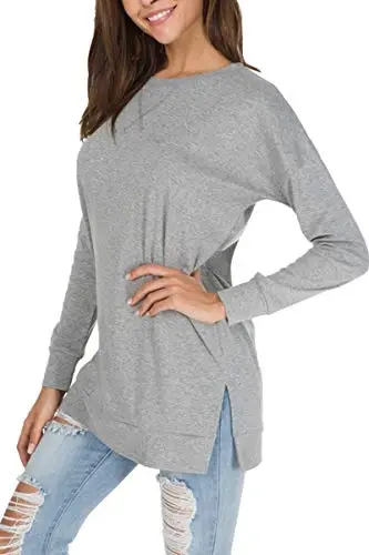 levaca Women's Fall Long Sleeve Side Split Loose Blouses Casual Pullover Tunic Tops - 2