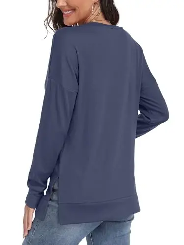 levaca Women's Fall Long Sleeve Side Split Loose Blouses Casual Pullover Tunic Tops - 4
