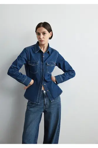 Levia Classic Denim Koyu Jean Gömlek Fitted / Vücu - 1