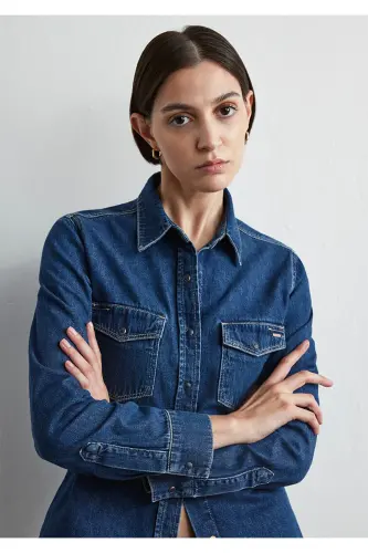 Levia Classic Denim Koyu Jean Gömlek Fitted / Vücu - MAVI (1)