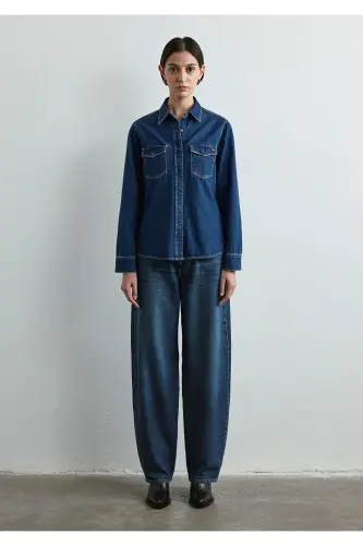 Levia Classic Denim Koyu Jean Gömlek Fitted / Vücuda Oturan Kesim 1210477-87814 - Koyu Mavi-87814 - 3