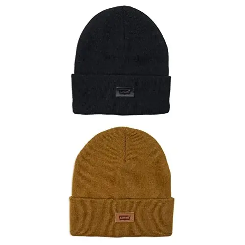 Levi's Unisex-Adult's Classic Knit Cuffed All Season Beanie Hat, Black Solid & Tan Solid, One Size 